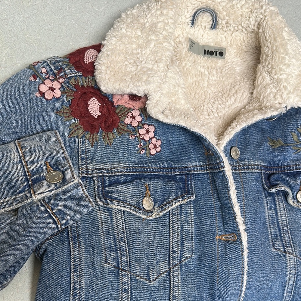 ☀️ JEANS SALE ☀️ TOP SHOP DENIM JACKET  Embroidered 4 pockets SHERPA LINED